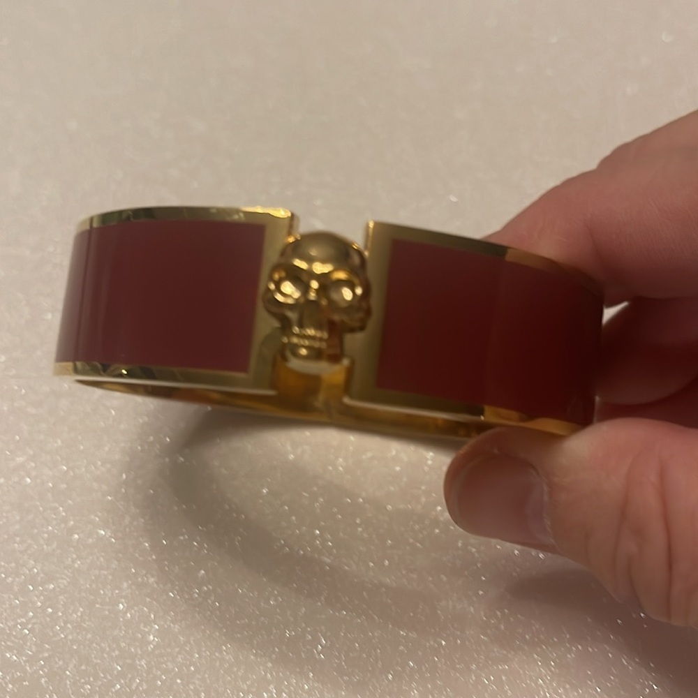 Alexander McQueen Gold and Burgundy Skull Bangle Bracelet